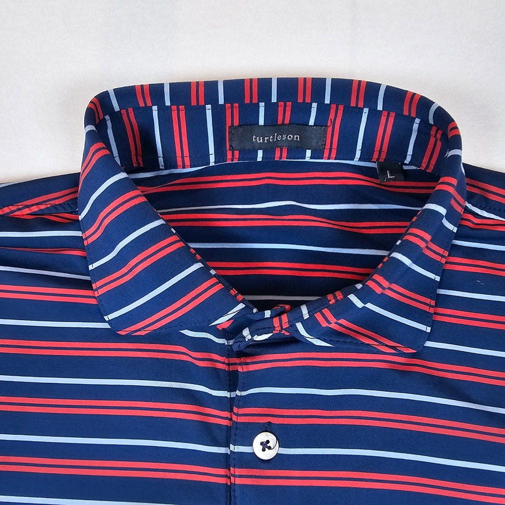 Turtleson Mens Large Navy Blue Red Striped Performance Golf Polo Shirt - Picture 3 of 7
